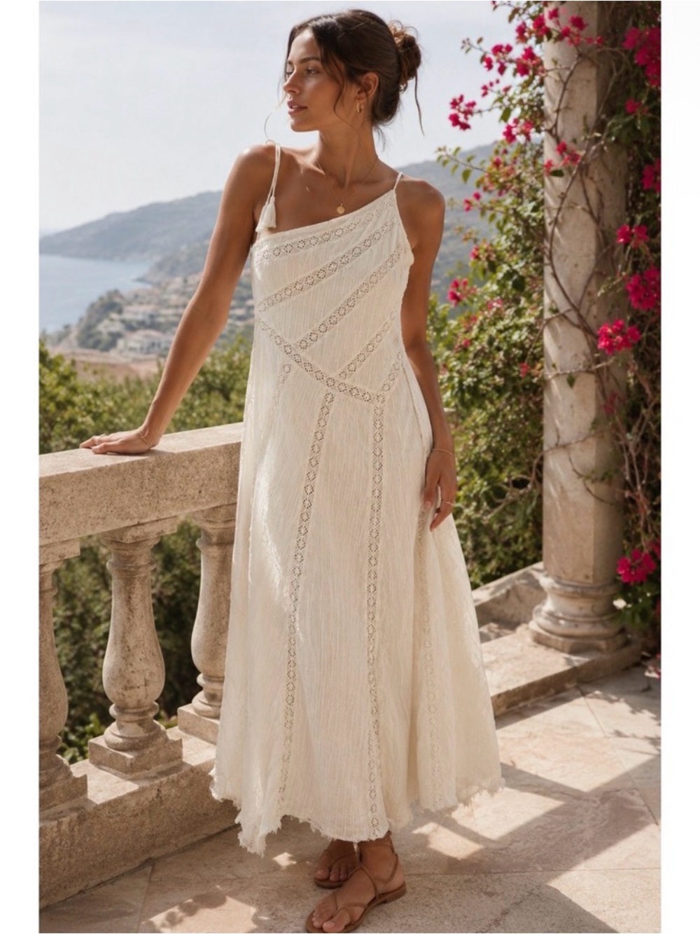 Free People Ivory Lace-Trim One-Shoulder Maxi Dress